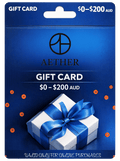 Aether Gift Card featuring a blue and white gift box with a bow, available in $0-$200 denominations.