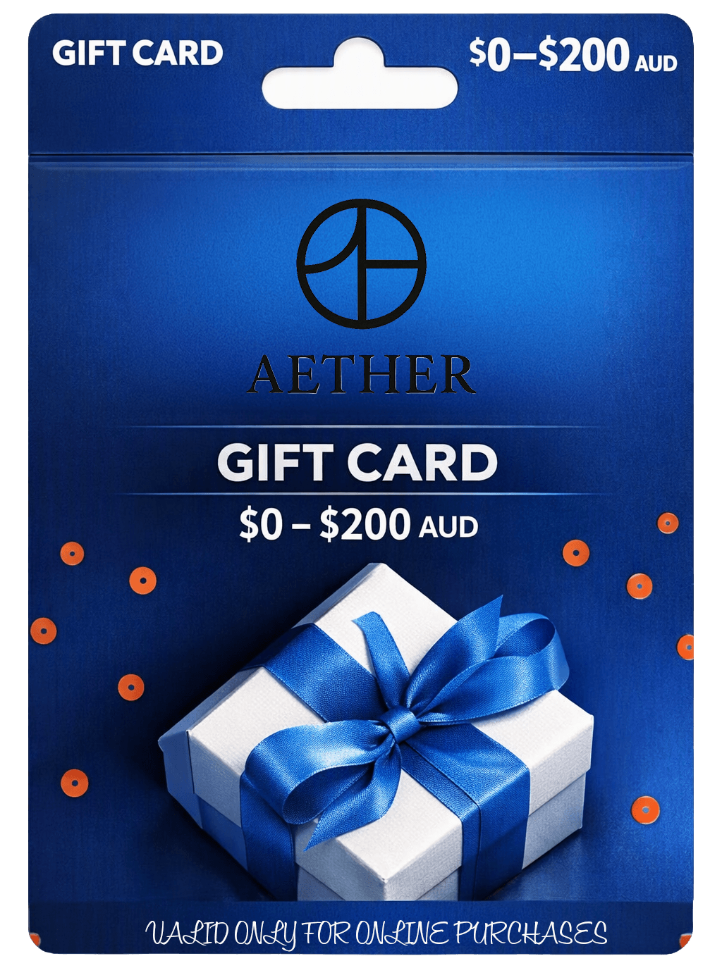 Aether Gift Card featuring a blue and white gift box with a bow, available in $0-$200 denominations.