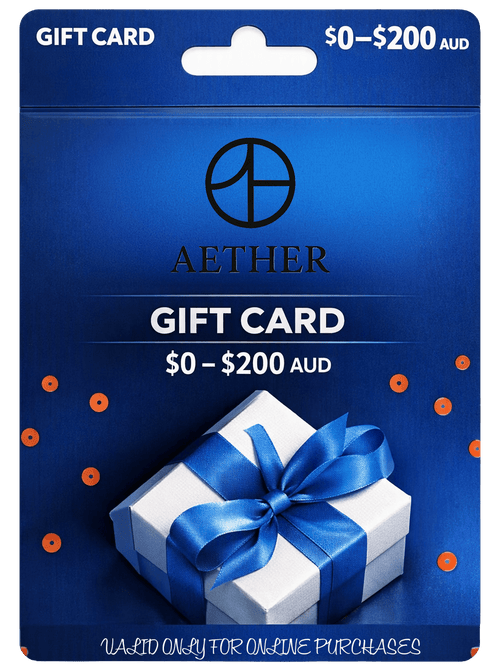 Aether Gift Card featuring a blue and white gift box with a bow, available in $0-$200 denominations.